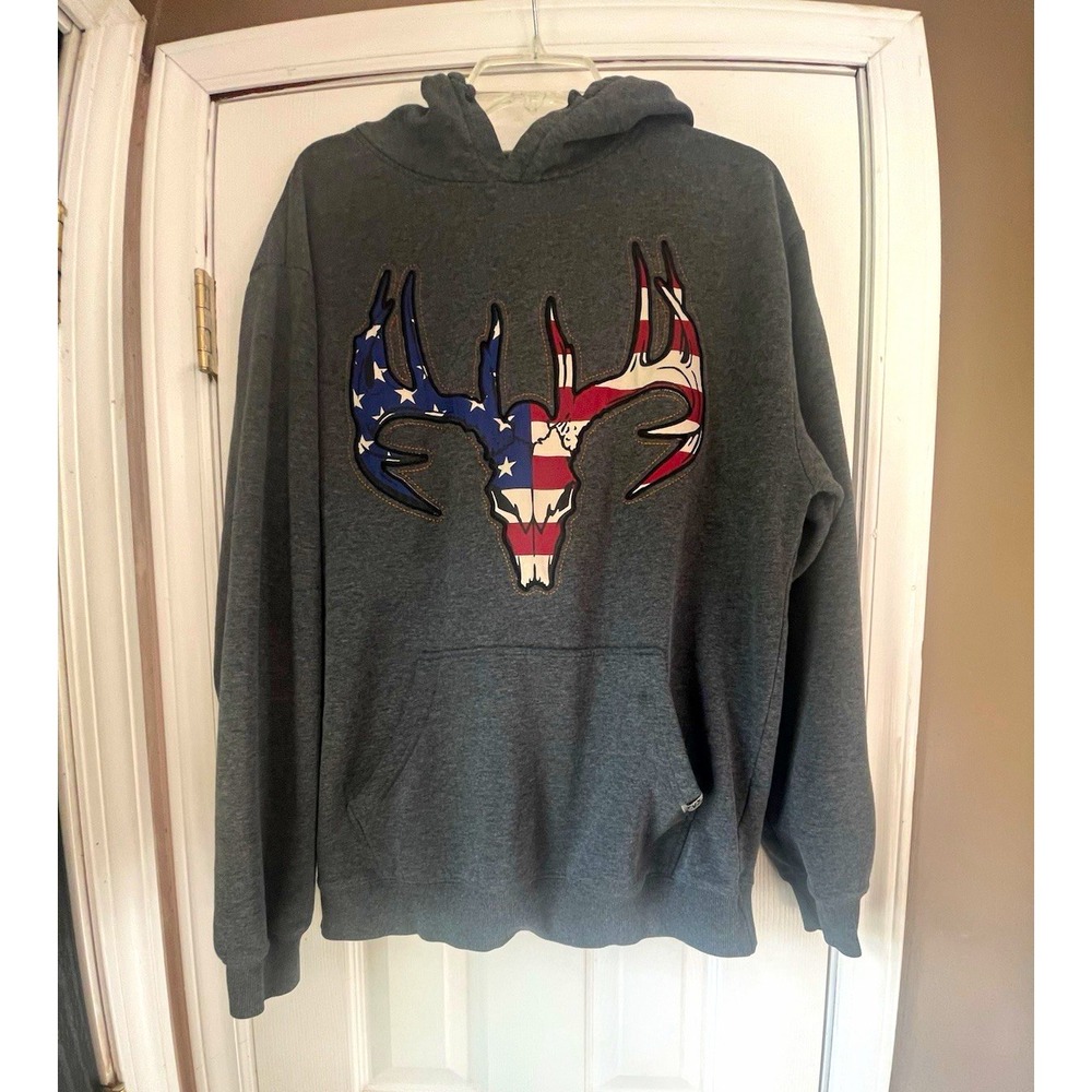 Buck Wear Men's L Gray Fleece Pullover Hoodie Pockets Drawstring USA Flag Deer
